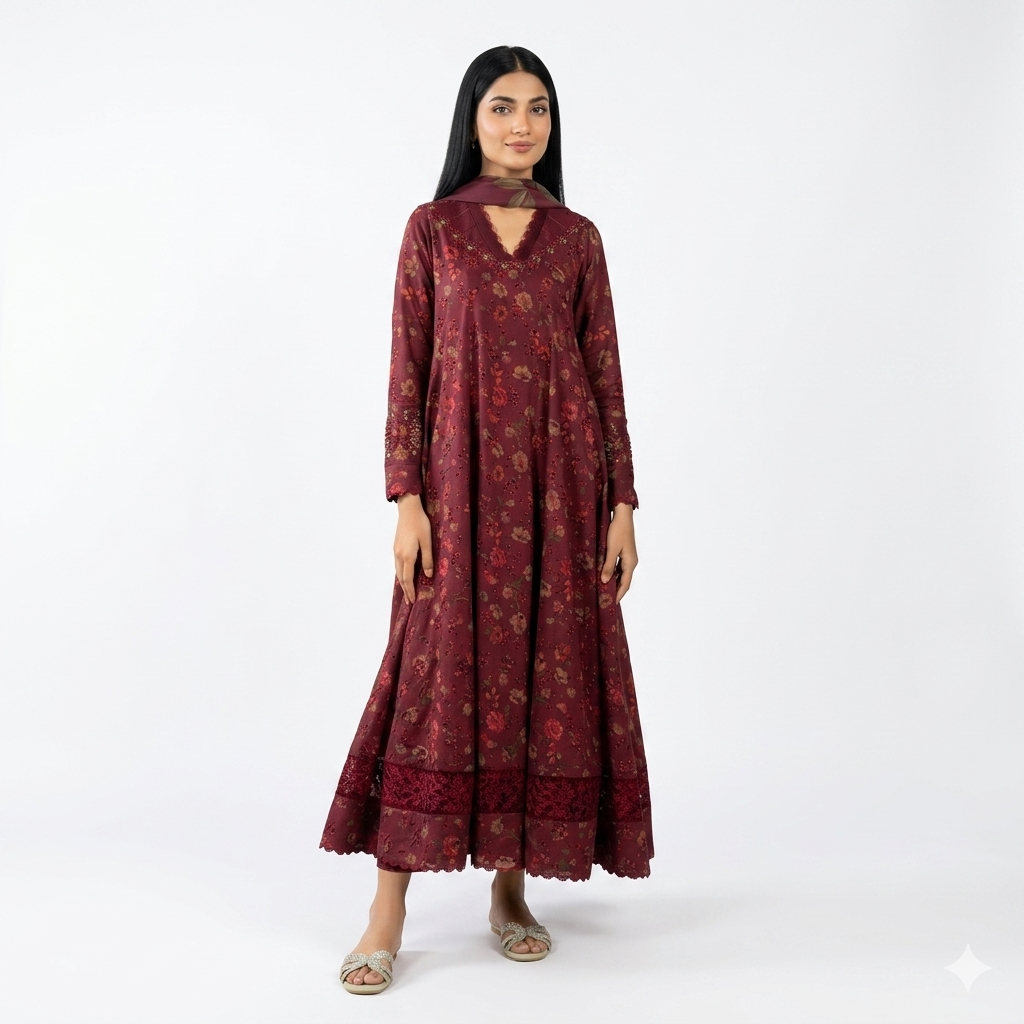 Maroon Printed Lawn 3Pc Suit for Women – Lawn Shirt Trouser Chiffon Dupatta