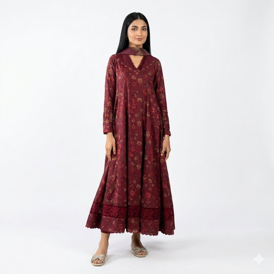 Maroon Printed Lawn 3Pc Suit for Women – Lawn Shirt Trouser Chiffon Dupatta