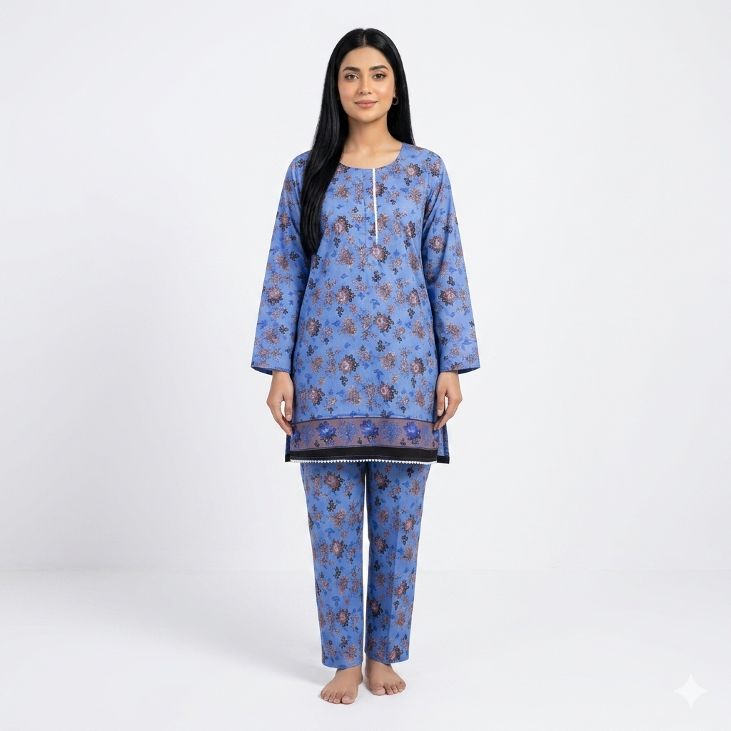 Blue Floral Cotton Lawn Kurta Pajama Set for Women Medium – Printed 2 Piece Summer Dress