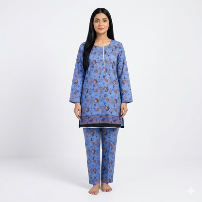 Blue Floral Cotton Lawn Kurta Pajama Set for Women Medium – Printed 2 Piece Summer Dress