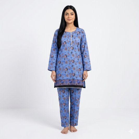Blue Floral Cotton Lawn Kurta Pajama Set for Women Medium – Printed 2 Piece Summer Dress