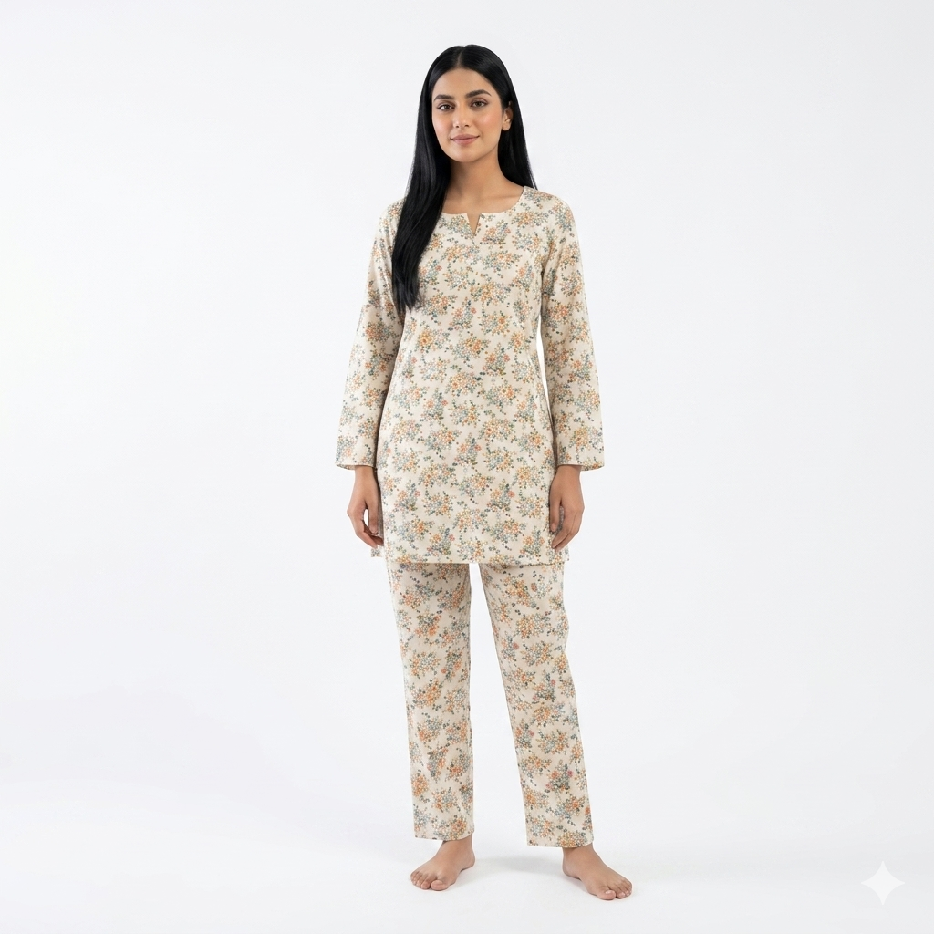 Women Floral Cotton Lawn 2-Piece Summer Set Medium – Printed Shirt Trouser Ladies Dress