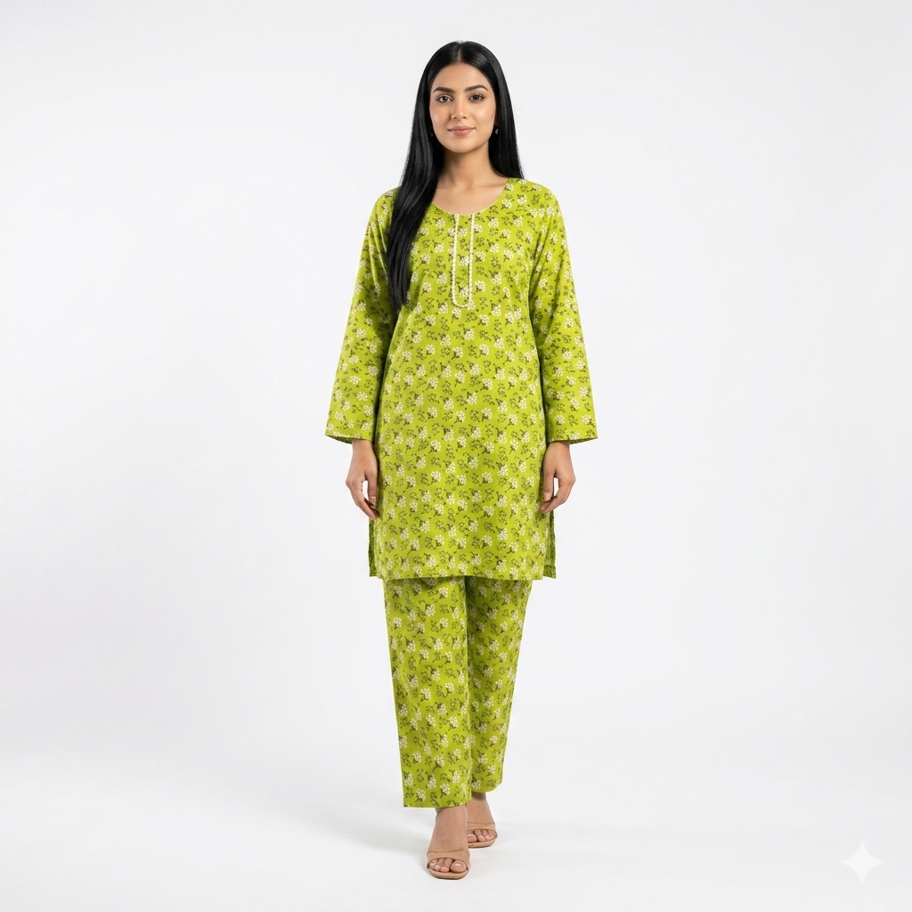 Cotton Lawn Kurta Trouser Set Green Digital Print Medium – Women 2 Piece Summer Dress