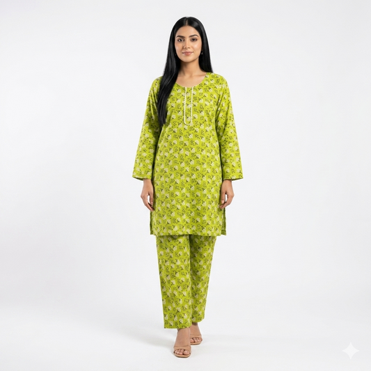Cotton Lawn Kurta Trouser Set Green Digital Print Medium – Women 2 Piece Summer Dress