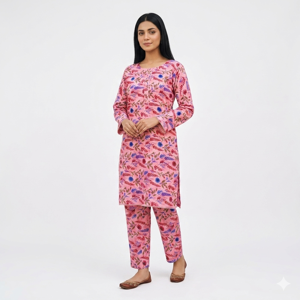 Cotton Lawn Floral 2-Piece Set Medium Size – Women Printed Shirt Trouser Dress