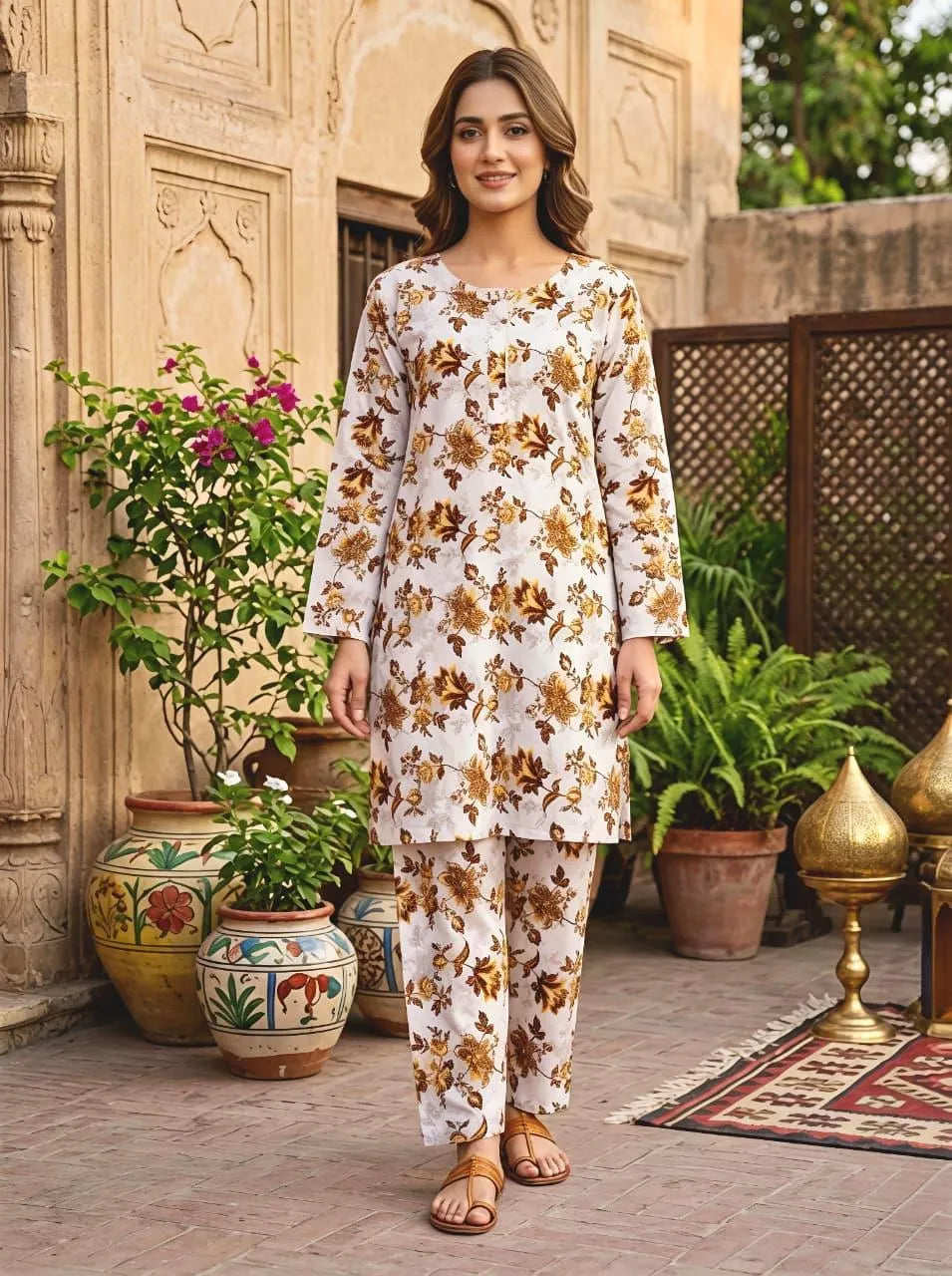 Women Cotton Lawn Floral 2-Piece Suit Medium – Printed Shirt Trouser Summer Dress