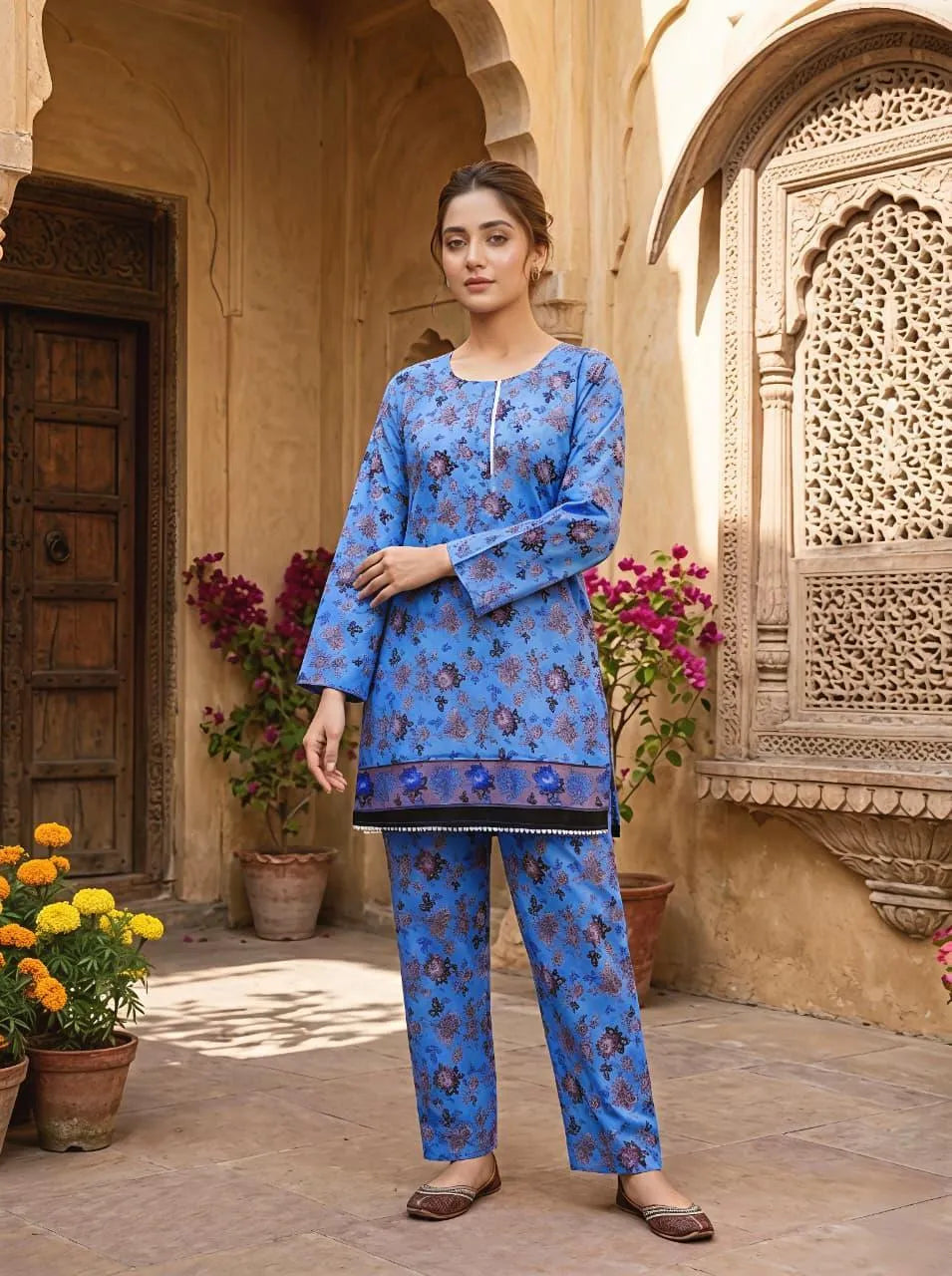Blue Floral Cotton Lawn Kurta Pajama Set for Women Medium – Printed 2 Piece Summer Dress