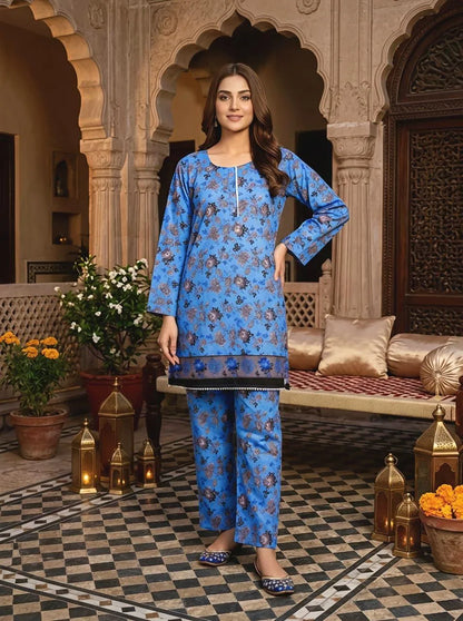 Blue Floral Cotton Lawn Kurta Pajama Set for Women Medium – Printed 2 Piece Summer Dress