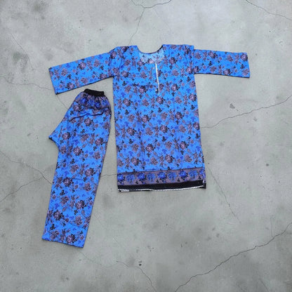 Blue Floral Cotton Lawn Kurta Pajama Set for Women Medium – Printed 2 Piece Summer Dress
