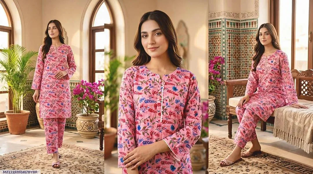 Cotton Lawn Floral 2-Piece Set Medium Size – Women Printed Shirt Trouser Dress