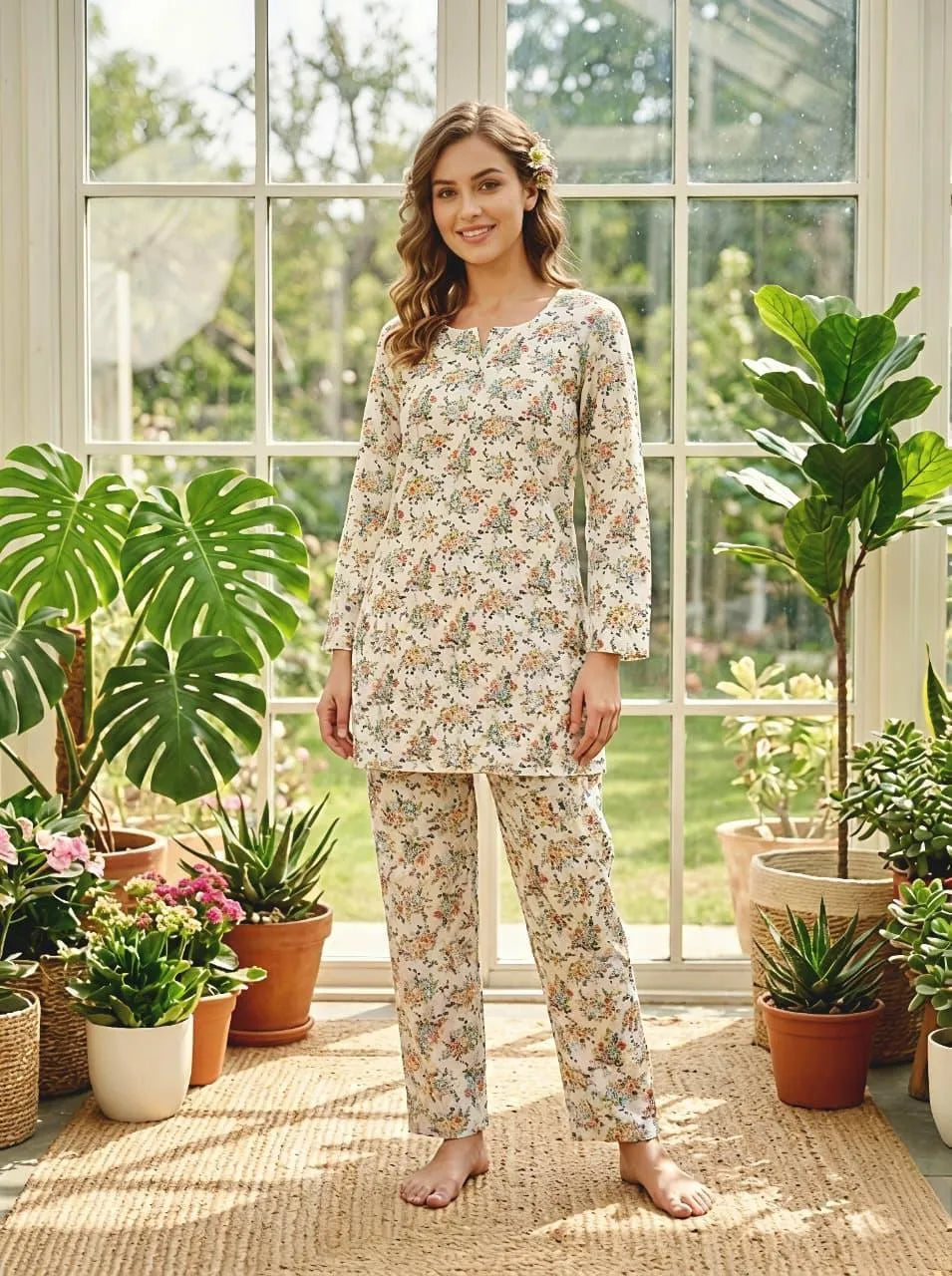 Women Floral Cotton Lawn 2-Piece Summer Set Medium – Printed Shirt Trouser Ladies Dress