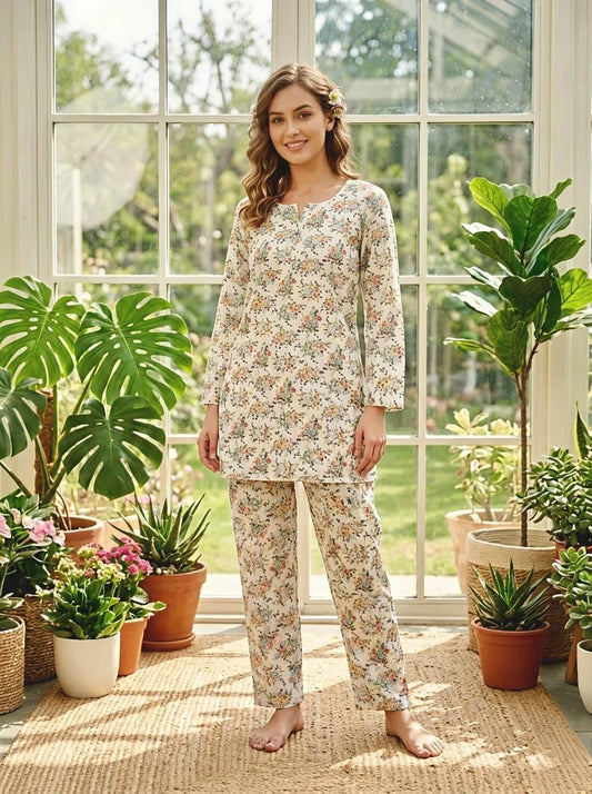 Women Floral Cotton Lawn 2-Piece Summer Set Medium – Printed Shirt Trouser Ladies Dress
