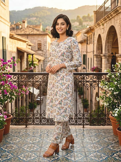 Women Floral Cotton Lawn 2-Piece Summer Set Medium – Printed Shirt Trouser Ladies Dress