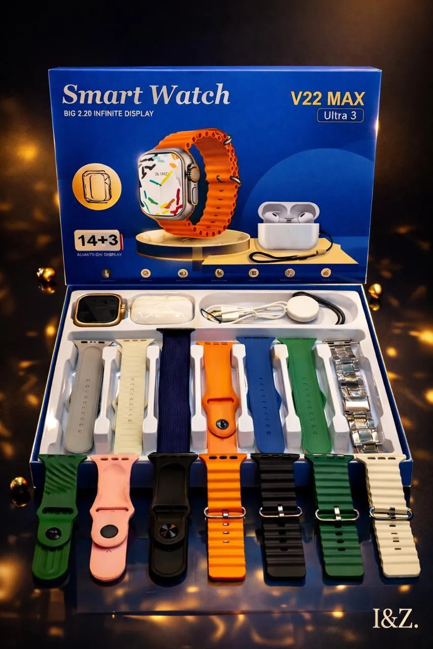 V22 MAX ULTRA Smart Watch 14+3 Straps with Earbuds & Wireless Charger – Bluetooth 5.3