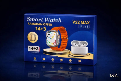 V22 MAX ULTRA Smart Watch 14+3 Straps with Earbuds & Wireless Charger – Bluetooth 5.3