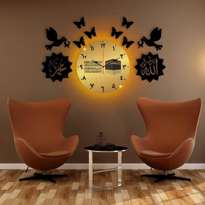 Islamic Calligraphy Wall Clock Black & Gold | Modern LED Light Wall Clock with Kaaba Design for Home Decor