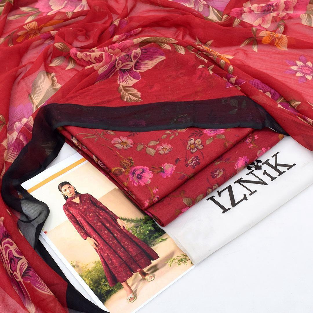 Maroon Printed Lawn 3Pc Suit for Women – Lawn Shirt Trouser Chiffon Dupatta