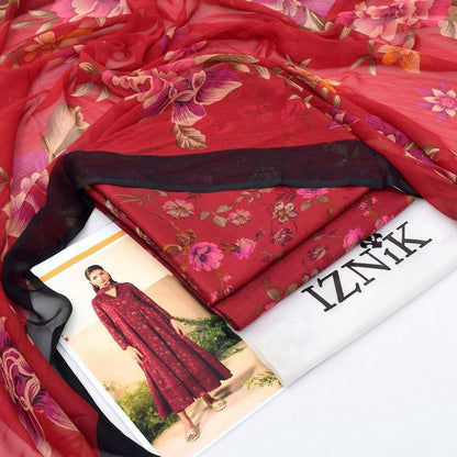 Maroon Printed Lawn 3Pc Suit for Women – Lawn Shirt Trouser Chiffon Dupatta