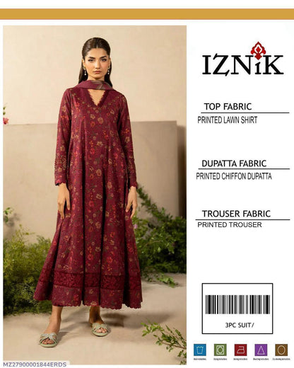 Maroon Printed Lawn 3Pc Suit for Women – Lawn Shirt Trouser Chiffon Dupatta