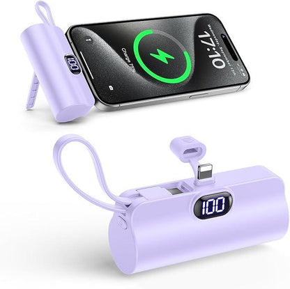 Portable LED Power Bank 5000mAh Dual USB Fast Charging – Lightweight Mini Power Bank with USB-C & USB-A for Phones (Purple)