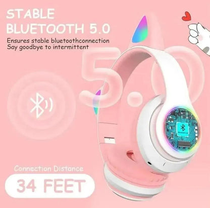 Cat Ear LED Wireless Headphones for Teens – RGB Light Bluetooth Cute Gaming Headset