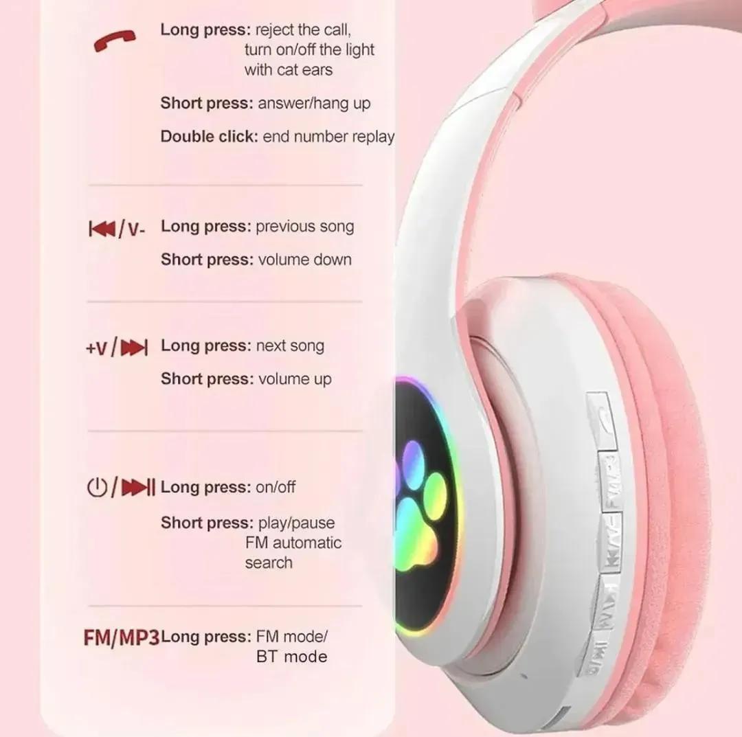 Cat Ear LED Wireless Headphones for Teens – RGB Light Bluetooth Cute Gaming Headset