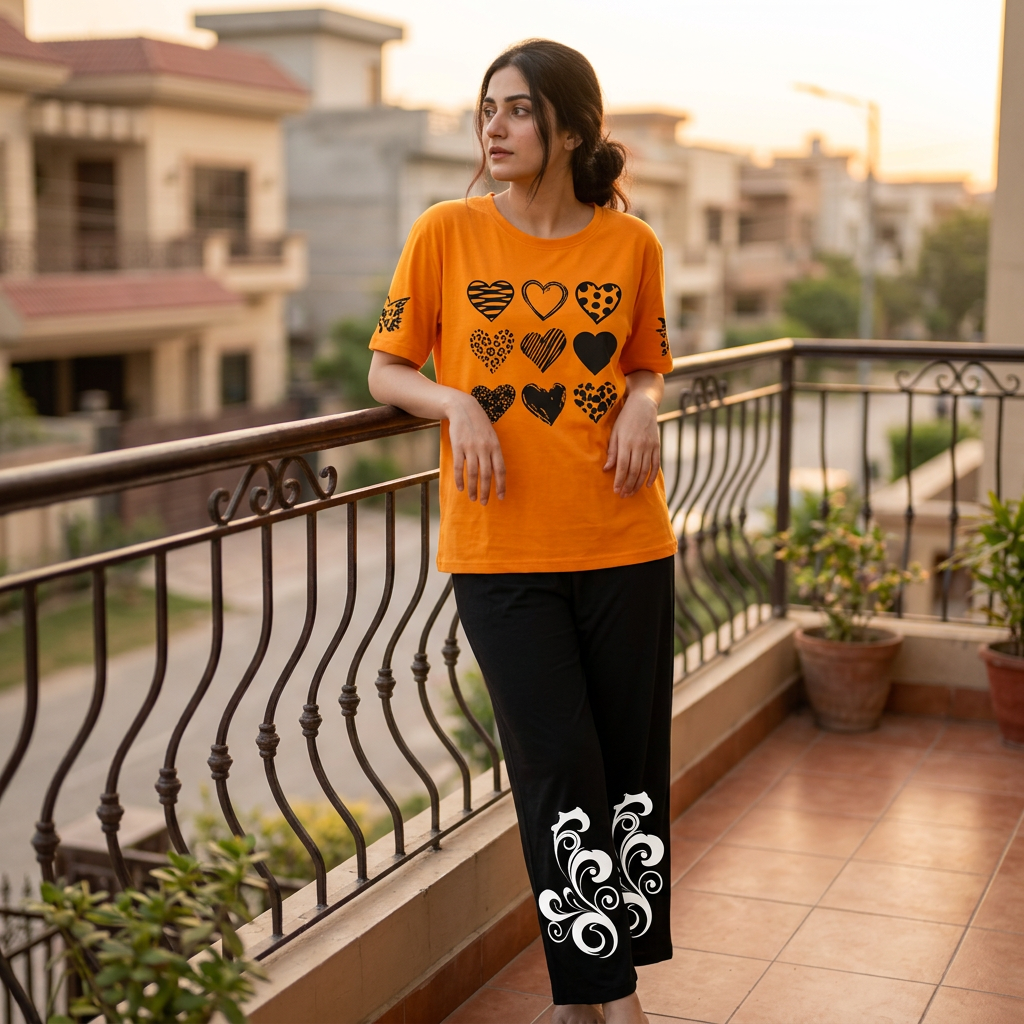 Orange & Black Women Printed Night Suit – Soft Jersey Fabric Comfortable Sleepwear