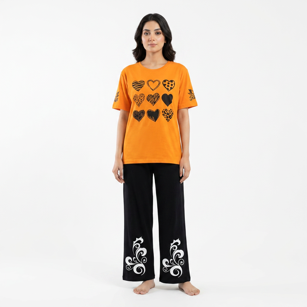 Orange & Black Women Printed Night Suit – Soft Jersey Fabric Comfortable Sleepwear