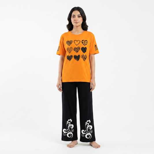 Orange & Black Women Printed Night Suit – Soft Jersey Fabric Comfortable Sleepwear