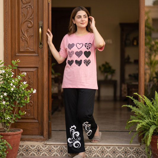 Pink & Black Women Printed Night Suit – Soft Jersey Fabric Comfortable Sleepwear