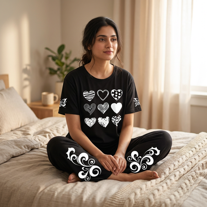 Black Women Printed Night Suit – Soft Jersey Fabric Comfortable Sleepwear