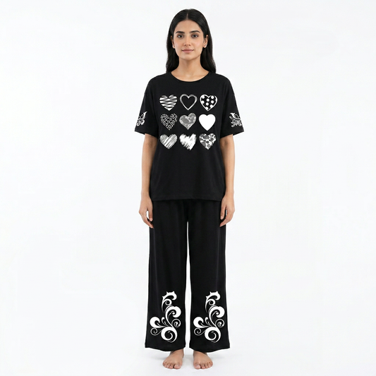 Black Women Printed Night Suit – Soft Jersey Fabric Comfortable Sleepwear