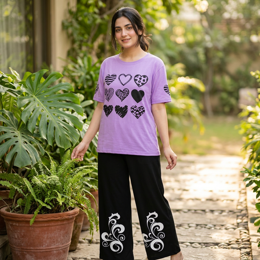 Purple & Black Women Printed Night Suit – Soft Jersey Fabric Comfortable Sleepwear
