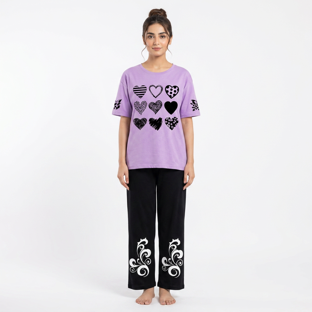 Purple & Black Women Printed Night Suit – Soft Jersey Fabric Comfortable Sleepwear