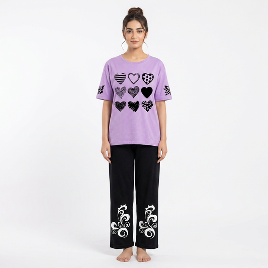 Purple & Black Women Printed Night Suit – Soft Jersey Fabric Comfortable Sleepwear