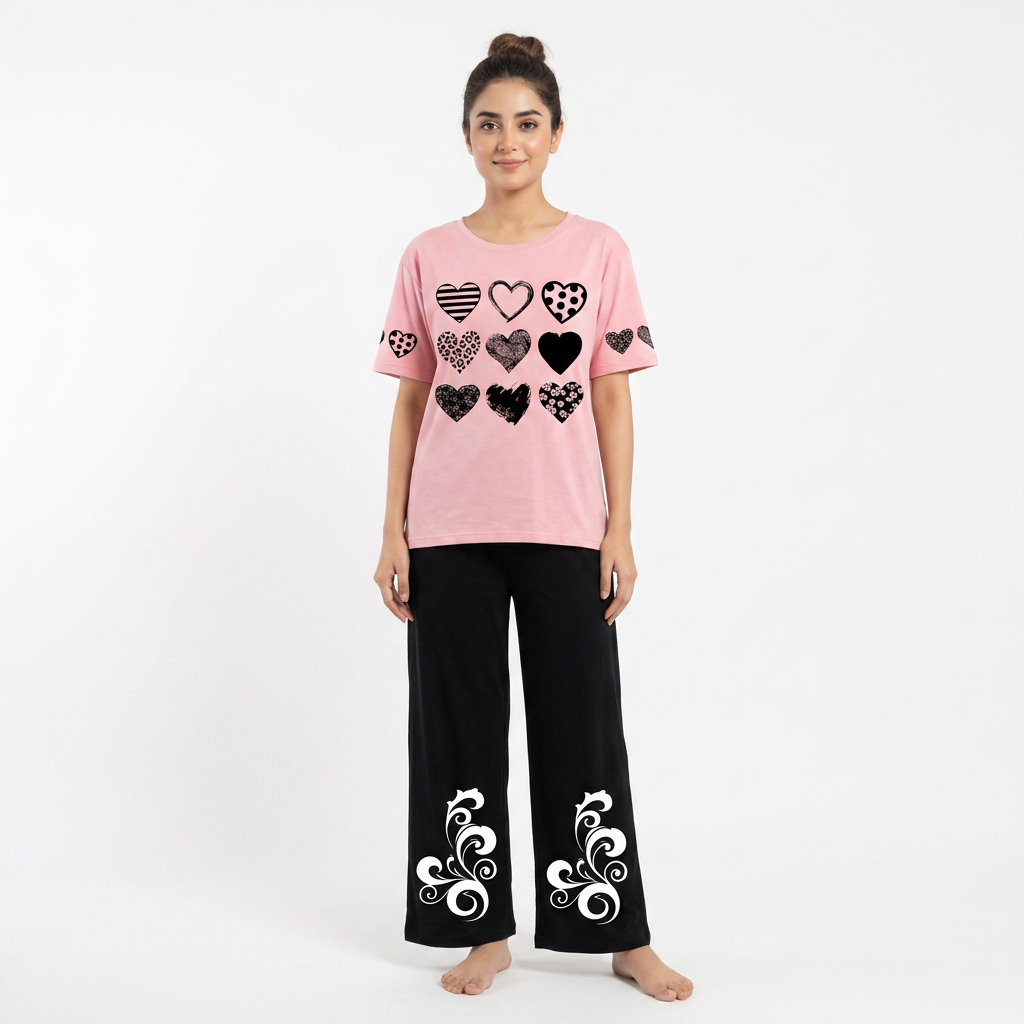 Pink & Black Women Printed Night Suit – Soft Jersey Fabric Comfortable Sleepwear
