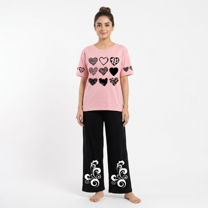 Pink & Black Women Printed Night Suit – Soft Jersey Fabric Comfortable Sleepwear