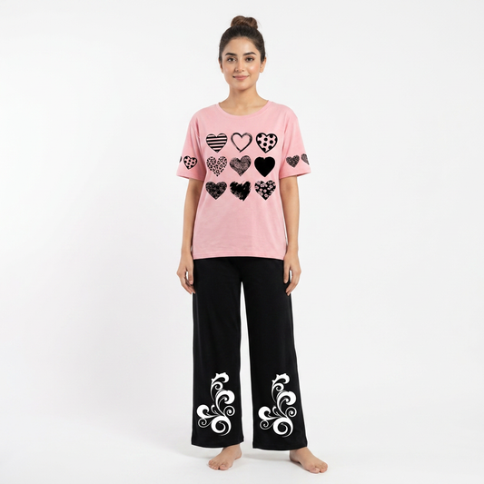 Pink & Black Women Printed Night Suit – Soft Jersey Fabric Comfortable Sleepwear