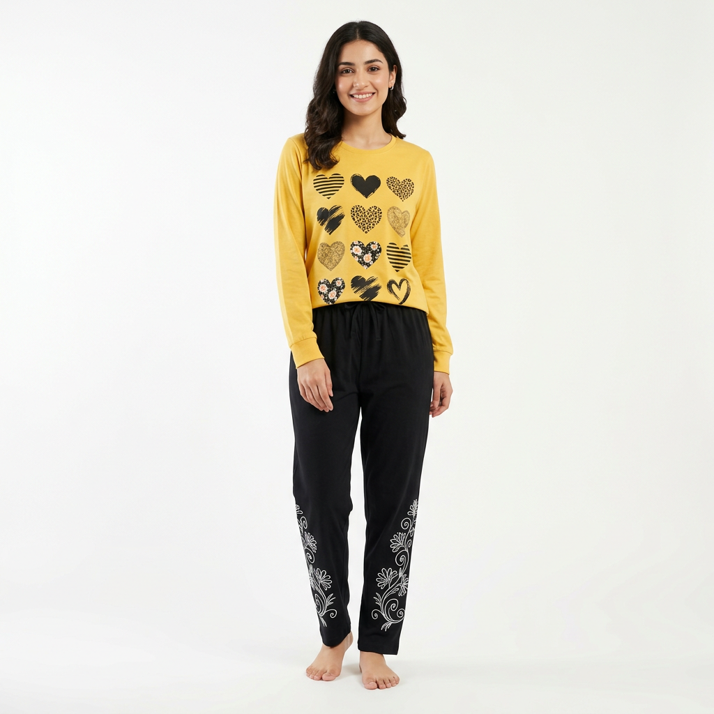 Yellow & Black Women Printed Night Suit – Soft Jersey Fabric Comfortable Sleepwear