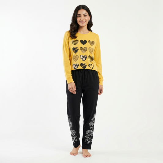 Yellow & Black Women Printed Night Suit – Soft Jersey Fabric Comfortable Sleepwear