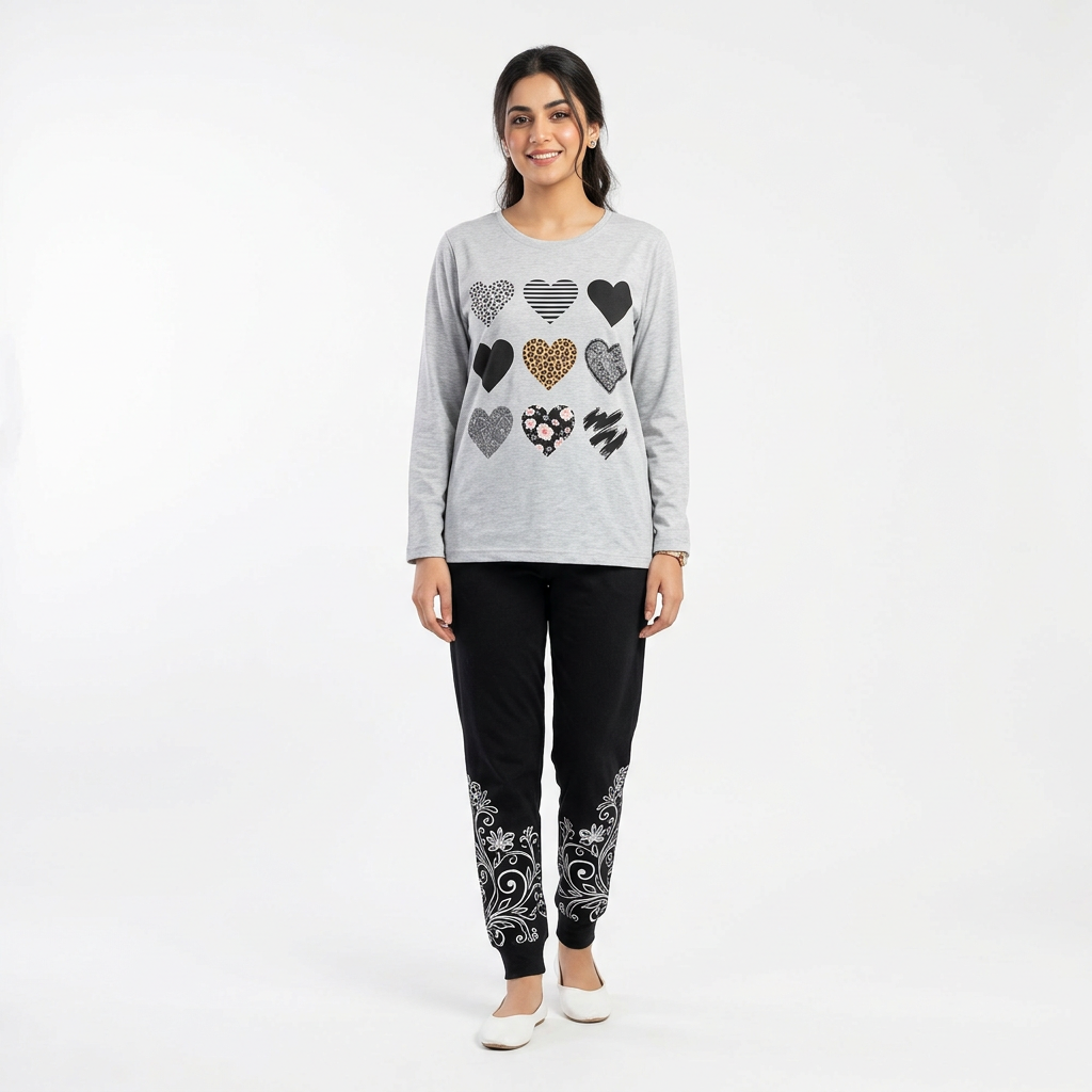 Grey & Black Women Printed Night Suit – Soft Jersey Fabric Comfortable Sleepwear