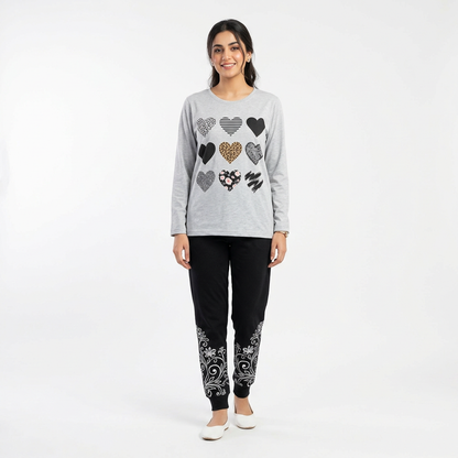 Grey & Black Women Printed Night Suit – Soft Jersey Fabric Comfortable Sleepwear