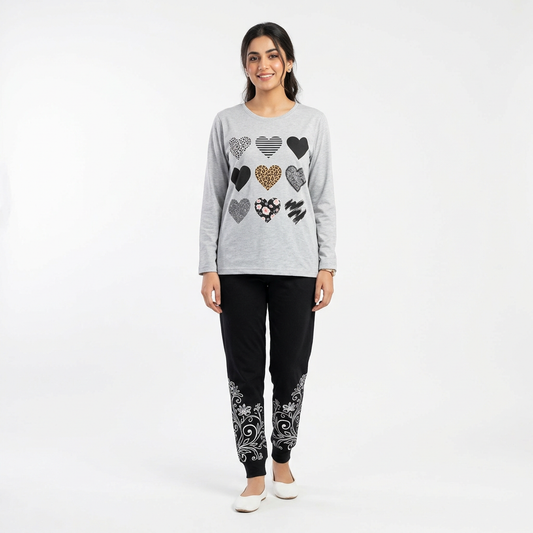Grey & Black Women Printed Night Suit – Soft Jersey Fabric Comfortable Sleepwear