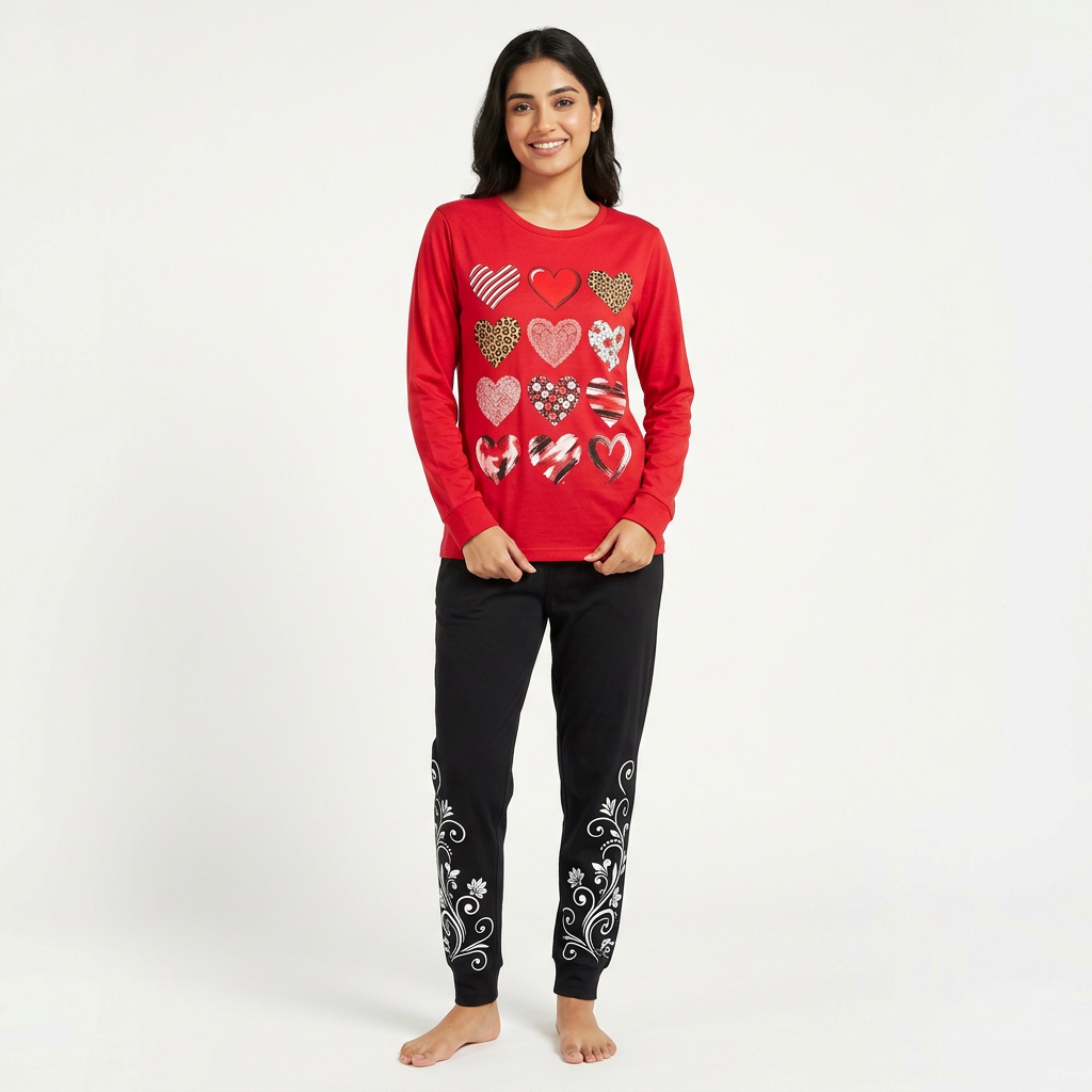 Red & Black Women Printed Night Suit – Soft Jersey Fabric Comfortable Sleepwear